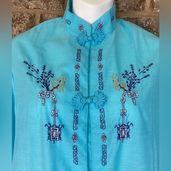 Vintage Lyre Bird Tianjim China Hand Embroidered Floral Blue Dress Robe - Picture 6 of 11